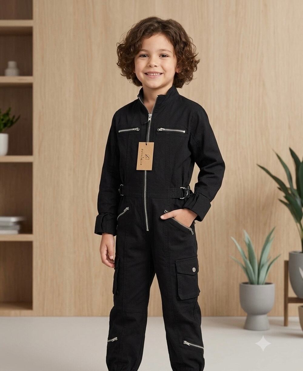 Kids Black Zip-Front Utility One-Piece